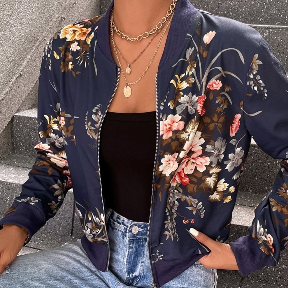 Floral Bomber Jacket - Navy Blue